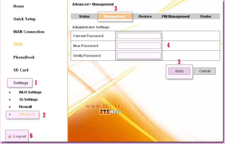 مراحل تغيير رمز ورود به صفحه تنظيمات "Login Password" در مودم جيبي ZTE MF60